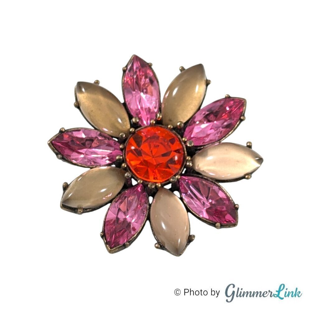Talbots Pink Red Tan Rhinestone Flower Brooch NWT